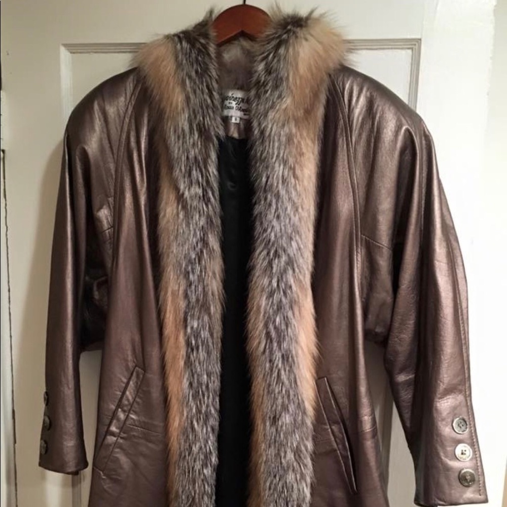 Designer metallic tope leather coat with fox trim